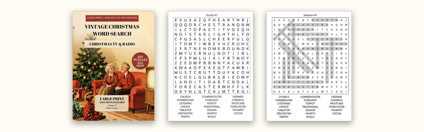 Vintage Christmas Word Search Volume 9 cover, with a sample puzzle and its solution